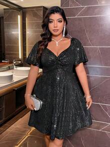 Váy tay ngắn đính kim tuyến cỡ lớn cho nữ - màu đen - Xem 5