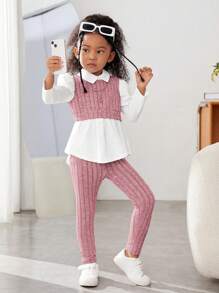 SHEIN Explorewe 2 piezas Conjunto informal para niña joven: Blusa de manga larga con cuello en contraste y bajo asimétrico, y pantalones de unicolor - Rosa - Ver 3