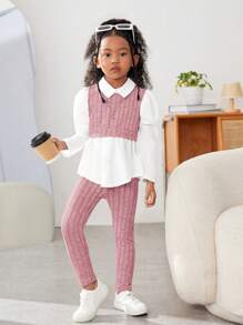 SHEIN Explorewe 2 piezas Conjunto informal para niña joven: Blusa de manga larga con cuello en contraste y bajo asimétrico, y pantalones de unicolor - Rosa - Ver 6