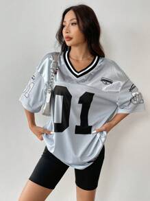 SHEIN EZwear Casual Sports Color-Block Loose Short Sleeve T-Shirt With Digital Print And Drop Shoulders - Grey - View 3