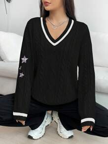 SHEIN EZwear 女士撞色 V 领长袖毛衣 - 黑色 - 查看 5