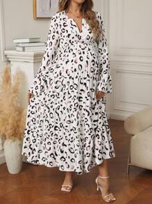 SHEIN Maternity Full Print V-Neck Ruffle Hem Long Sleeve Dress - Multicolor - View 4