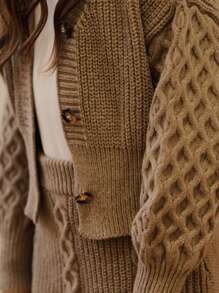 SHEIN Tween 女童秋冬复古罗纹开衫毛衣和罗纹裙套装，驼色蓬松厚 V 领纽扣装，适合派对、休闲外出、购物 - 棕色 - 查看 6