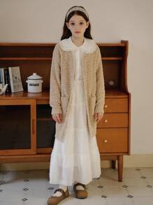 SHEIN Girls Plush Long Sweater Cardigan, Khaki V-Neck, Soft Thick Autumn/Winter Casual Outerwear - Khaki - View 4