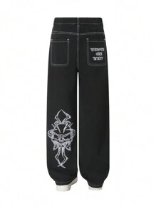 Jeans casuales rectos con pierna vintage desgarrada y bordada, ropa de calle Y2K para adolescentes