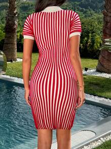 EURMUSE Polo Neck Mini Vertical Stripe Sweater Dress - Red - View 5