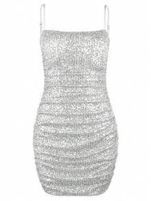 Ruched Sequins Mini Dress With Adjustable Straps In Silver