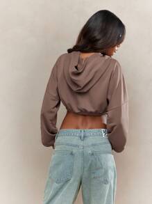 MISSGUIDED Corset Detailed Waist Crop Hoodie - Brown - View 2