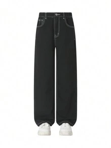 Jeans casuales rectos con pierna vintage desgarrada y bordada, ropa de calle Y2K para adolescentes