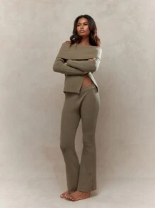 MISSGUIDED 罗纹针织吊带开衩下摆长袖露肩上衣和喇叭下摆长裤两件套冬季服装 - 棕色 - 查看 4