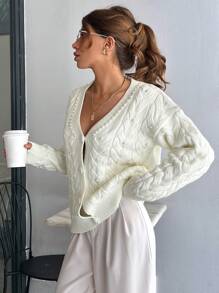 EURMUSE Knitwear Cable Pattern Cardigan With Pearl Placement - White - View 4