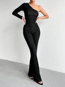 EURMUSE One Shoulder Flare Leg Jumpsuit - Black - View 3