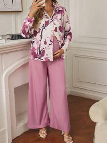 SHEIN 2pcs Maternity Floral Print Button-Up Long Sleeve Top And Loose High Waist Pants Set - Hot Pink - View 1