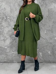 SHEIN Plus Size Round Neck Metal Decor Simple Dress And Long Sleeve Jacket Casual Set - Army Green - View 1
