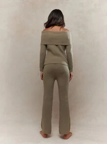 MISSGUIDED 罗纹针织吊带开衩下摆长袖露肩上衣和喇叭下摆长裤两件套冬季服装 - 棕色 - 查看 2