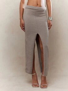 MISSGUIDED Split Midaxi Sweater Skirt Winter Wear - Brown - View 1
