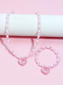 2pcs/Set Girls' Heart Pendant Beaded Necklace And Bracelet Jewelry Set, Suitable For Holiday Parties And Birthday Gifts