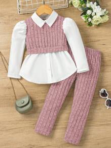 SHEIN Explorewe 2 piezas Conjunto informal para niña joven: Blusa de manga larga con cuello en contraste y bajo asimétrico, y pantalones de unicolor - Rosa - Ver 8