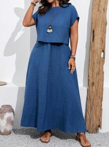 Linhara Plus Size Solid Color Crew Neck Batwing Sleeve Casual Top And Pocket Decoration Skirt 2pcs Set - Blue - View 5