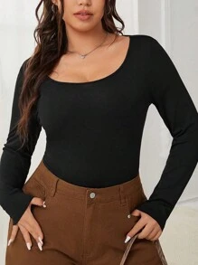 SHEIN EZwear T-shirt à mailles épaisses, doublé thermique, à coupe près du corps et à haute élasticité, pour femmes grandes tailles. Idéal pour l'automne/l'hiver