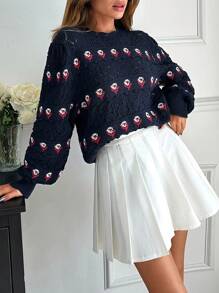 RueChic Cotton Knitwear Pretty Flower Pattern Hollow Out Sweater - Navy Blue - View 3