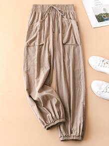 Pantalones casuales simples de talla grande de unicolor con bolsillo y amarre delantero - Camel - Ver 1