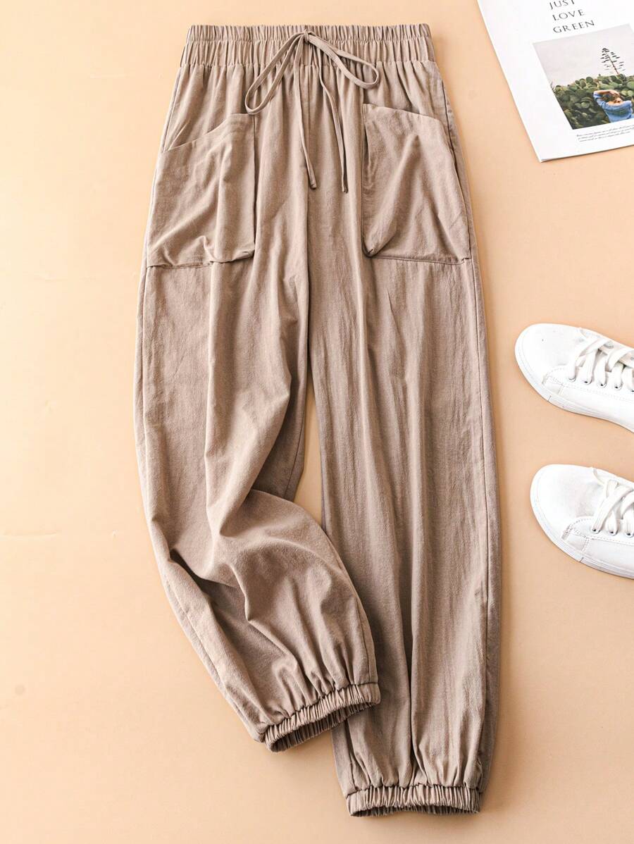 Pantalones casuales simples de talla grande de unicolor con bolsillo y amarre delantero - Camel - Ver 1