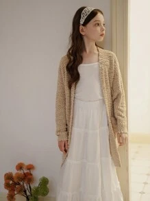 SHEIN Girls Plush Long Sweater Cardigan, Khaki V-Neck, Soft Thick Autumn/Winter Casual Outerwear - Khaki - View 10