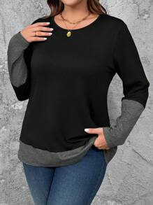 Áo thun dài tay cổ tròn phối màu trơn cỡ lớn, kiểu dáng thường ngày, thích hợp cho nữ mùa xuân thu. - Nhiều màu - Xem 4