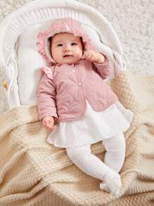 SHEIN Newborn Baby Girl Winter Warm Fleece Diamond Shaped Solid Color Coat With Ruffled Hooded Hat Set - Pink - View 8