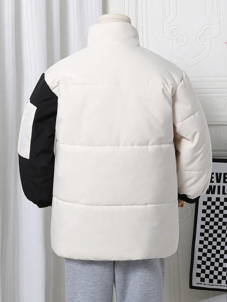 Boys' Casual Versatile Sporty Black & White Contrast Outdoor Utility Jacket, Detachable Hooded, Zipper Front, For Winter, Daily, School, Warmth, Windproof, Streetwear