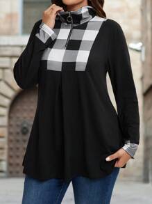 大码拉链长袖格子拼接简约 T 恤，休闲日常穿着