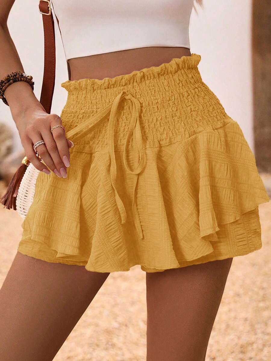 SHEIN VCAY Women's Solid Color Ruffle Hem Front Tie Casual Shorts