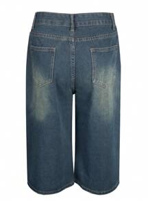 بنطال قصير جينز برمودا واسع الساق بجيب مموهة كت بتأثير غسيل فينتاج طراز Y2K