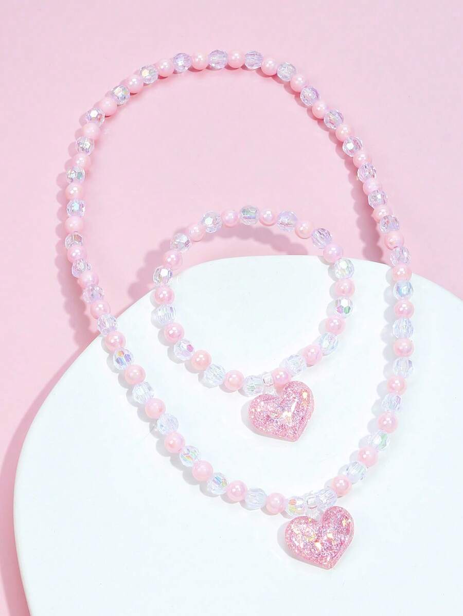 2pcs/Set Girls' Heart Pendant Beaded Necklace And Bracelet Jewelry Set, Suitable For Holiday Parties And Birthday Gifts