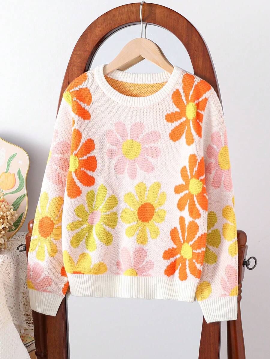 Tween Girls Moda Bonito Estampado Manga Longa Tricô Suéter, Outono/Inverno - Branco - Ver 1