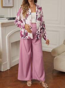 SHEIN 2pcs Maternity Floral Print Button-Up Long Sleeve Top And Loose High Waist Pants Set - Hot Pink - View 5