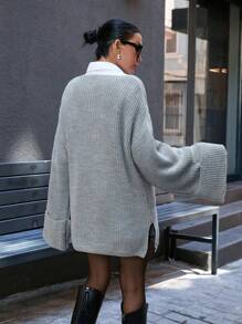 EURMUSE Casual Oversize Deep V Neck Double Flare Sleeve Sweater - Grey - View 2