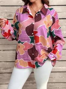 SHEIN CURVE+ Plus Size Women's Colorful Printed Long Sleeve Shirt - Multicolor - View 1