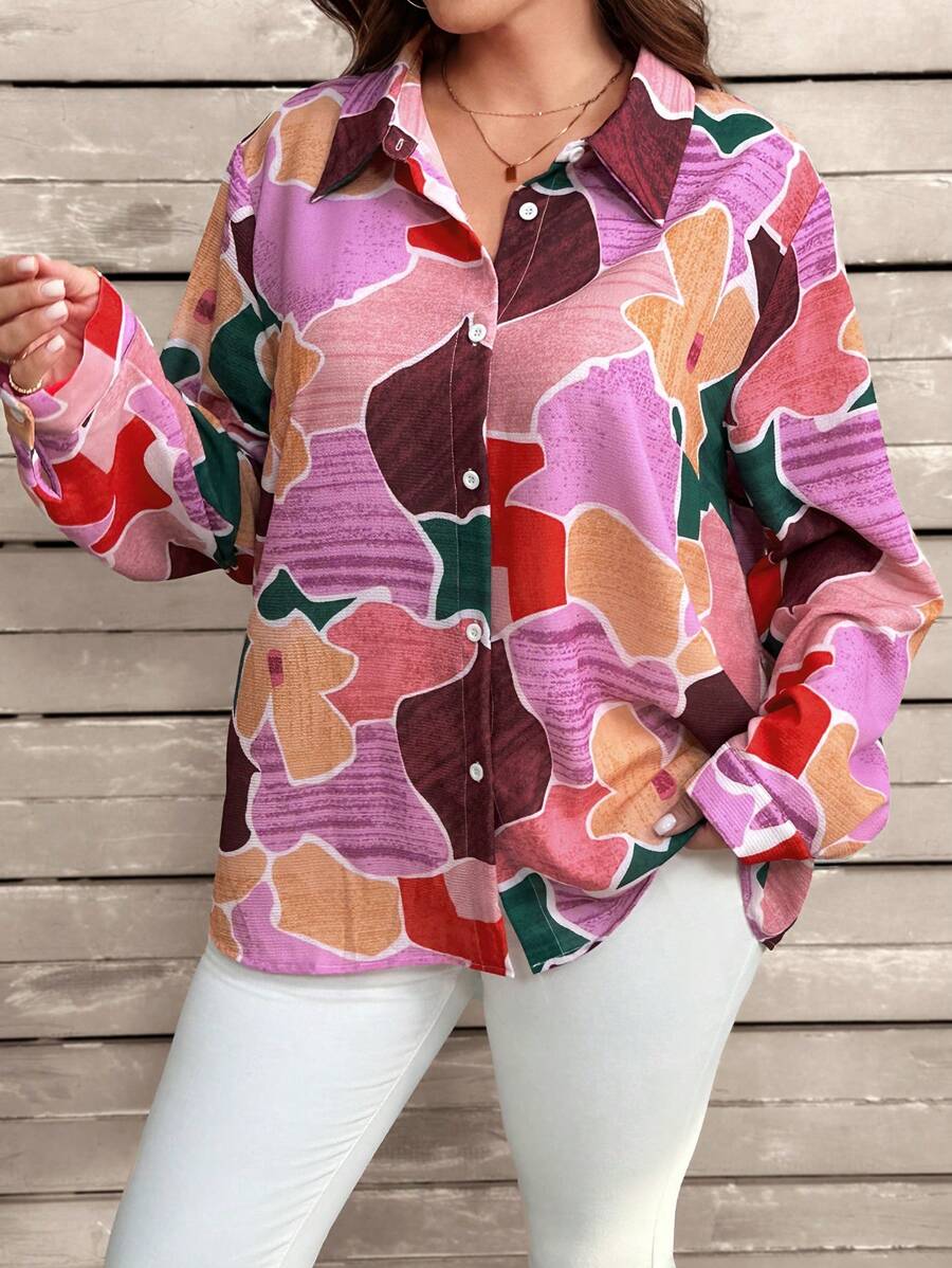 SHEIN CURVE+ Plus Size Women's Colorful Printed Long Sleeve Shirt - Multicolor - View 1