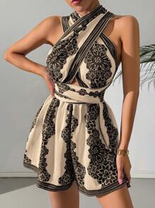 Calvaya 1 pieza Mono de estilo vintage con estampado y diseño de cruce para mujer