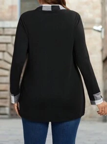 大码拉链长袖格子拼接简约 T 恤，休闲日常穿着