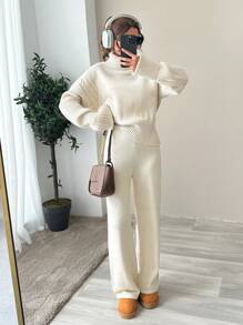 EURMUSE Women High Neck Sweater And Sweater Pant Two Piece Set Outfit Co-Ords - Beige - View 7