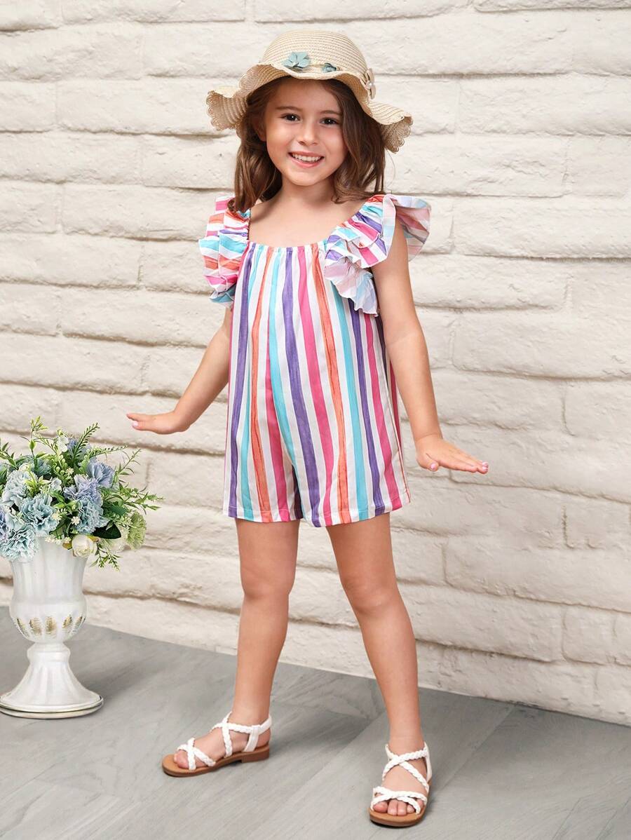 SHEIN Cô Gái Trẻ Khối sọc Viền Ruffle Romper