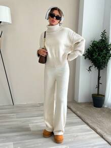 EURMUSE Women High Neck Sweater And Sweater Pant Two Piece Set Outfit Co-Ords - Beige - View 6