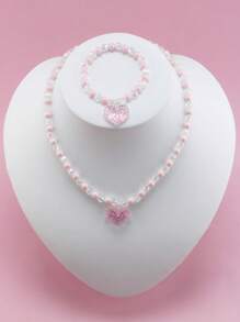 2pcs/Set Girls' Heart Pendant Beaded Necklace And Bracelet Jewelry Set, Suitable For Holiday Parties And Birthday Gifts