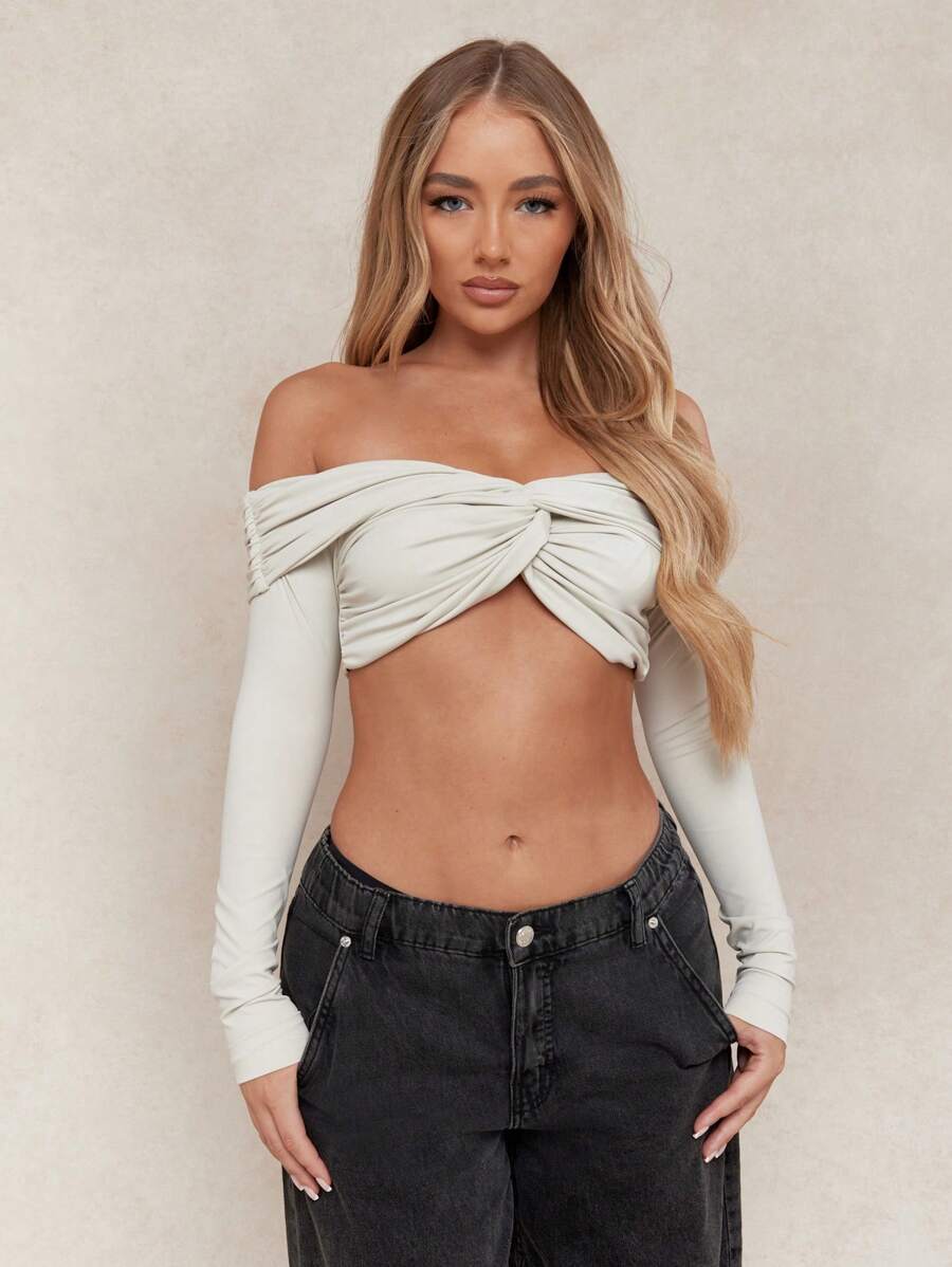 MISSGUIDED 扭结细节褶皱胸围长袖短款上衣 - 卡其色 - 查看 1