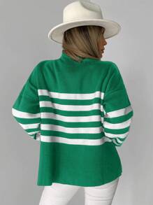 EURMUSE Striped Pattern Mock Neck Drop Shoulder Jumper - Green - View 2
