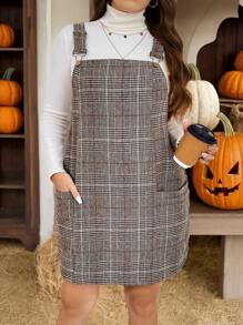 SHEIN LUNE 大码秋季格子可调节肩带休闲连衣长裙、节日派对连衣裙 - 彩色 - 查看 7