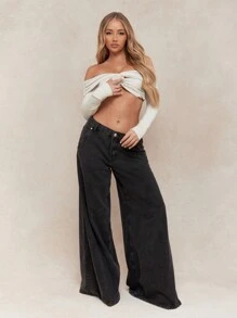 MISSGUIDED 扭结细节褶皱胸围长袖短款上衣 - 卡其色 - 查看 4